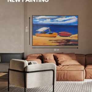 Coastal Harmony – Original Acrylic Painting (15×22 inches) | Boats on Beach | Handmade Canvas Artwork