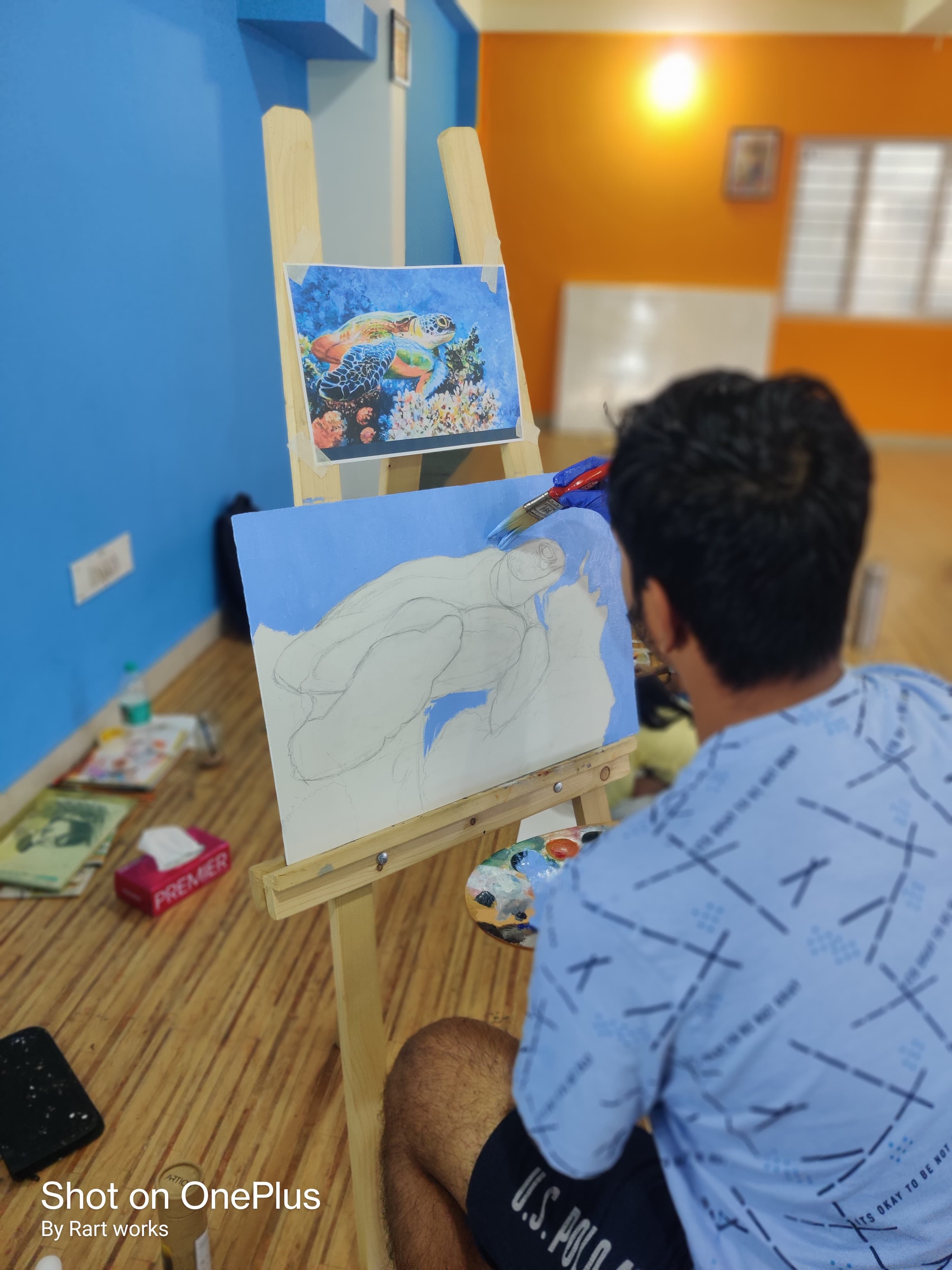Learner working on oil painting practice at RART WORKS Bangalore